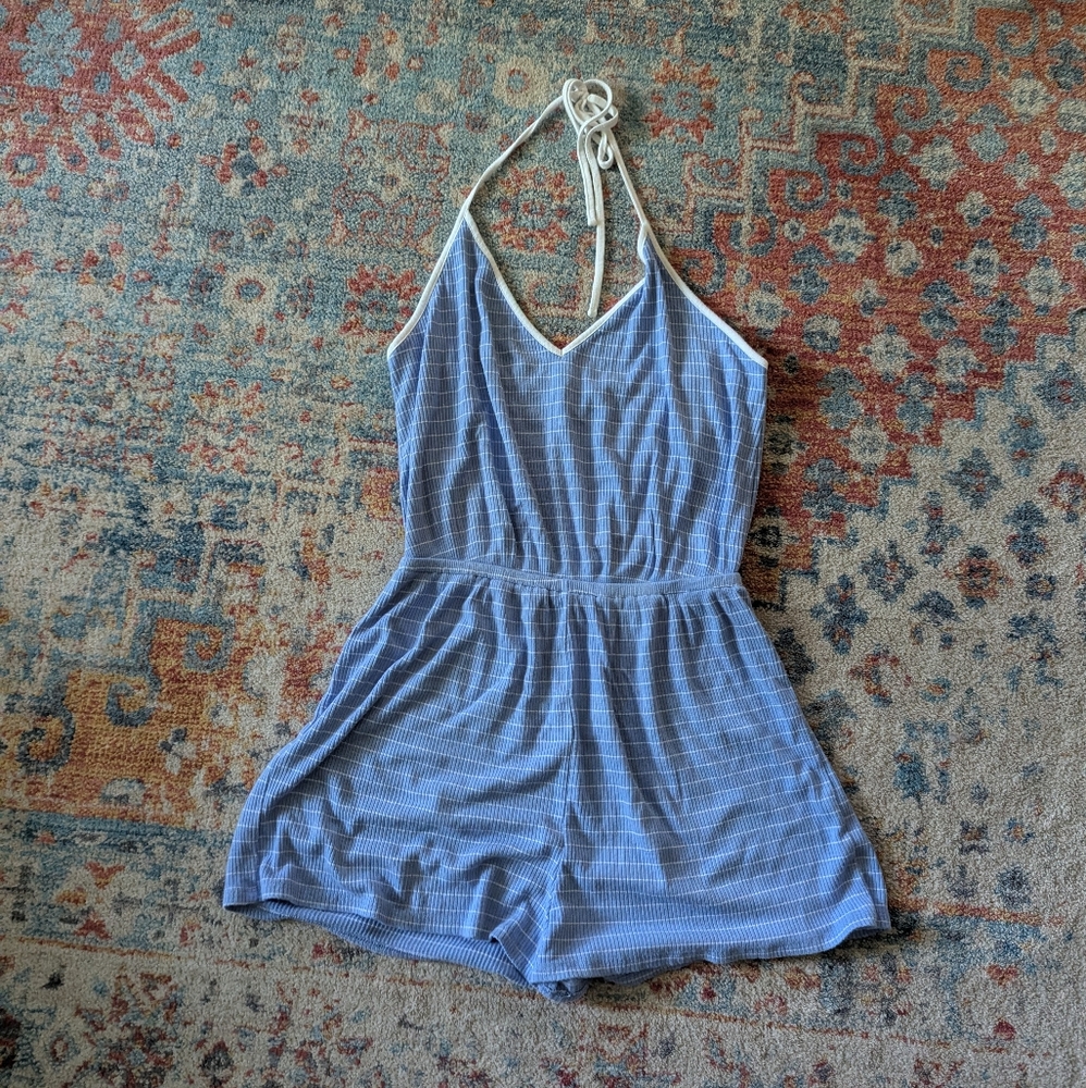 Forever 21 Women's M/L Blue Romper Halter Neck Ribbed Knit Striped Stretch 170
